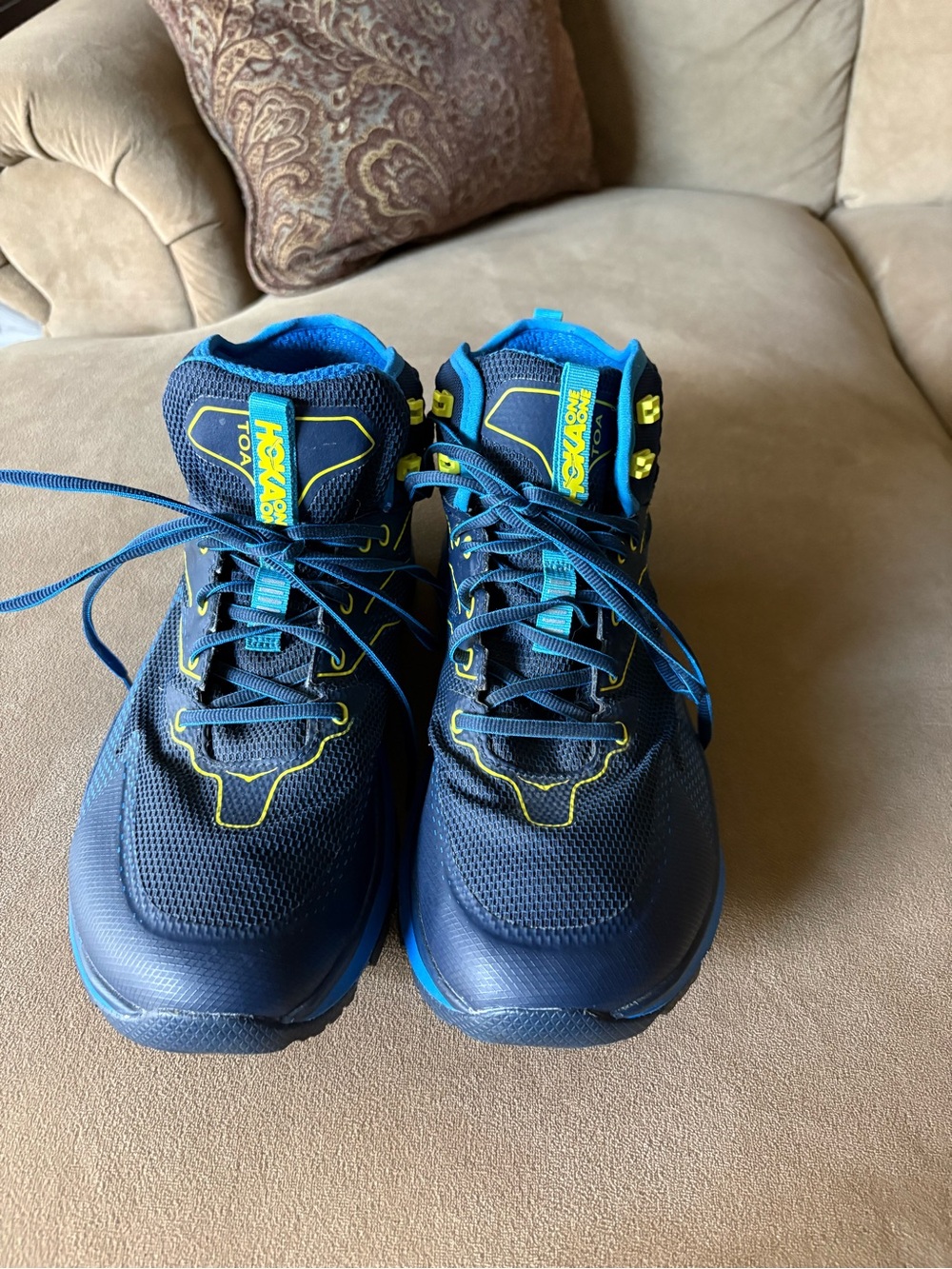 Hoka One One Sky Toa Navy and Bright Yellow Trail Hiking Sneakers